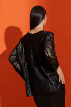 Black Crochet Foil V Neck Jumper