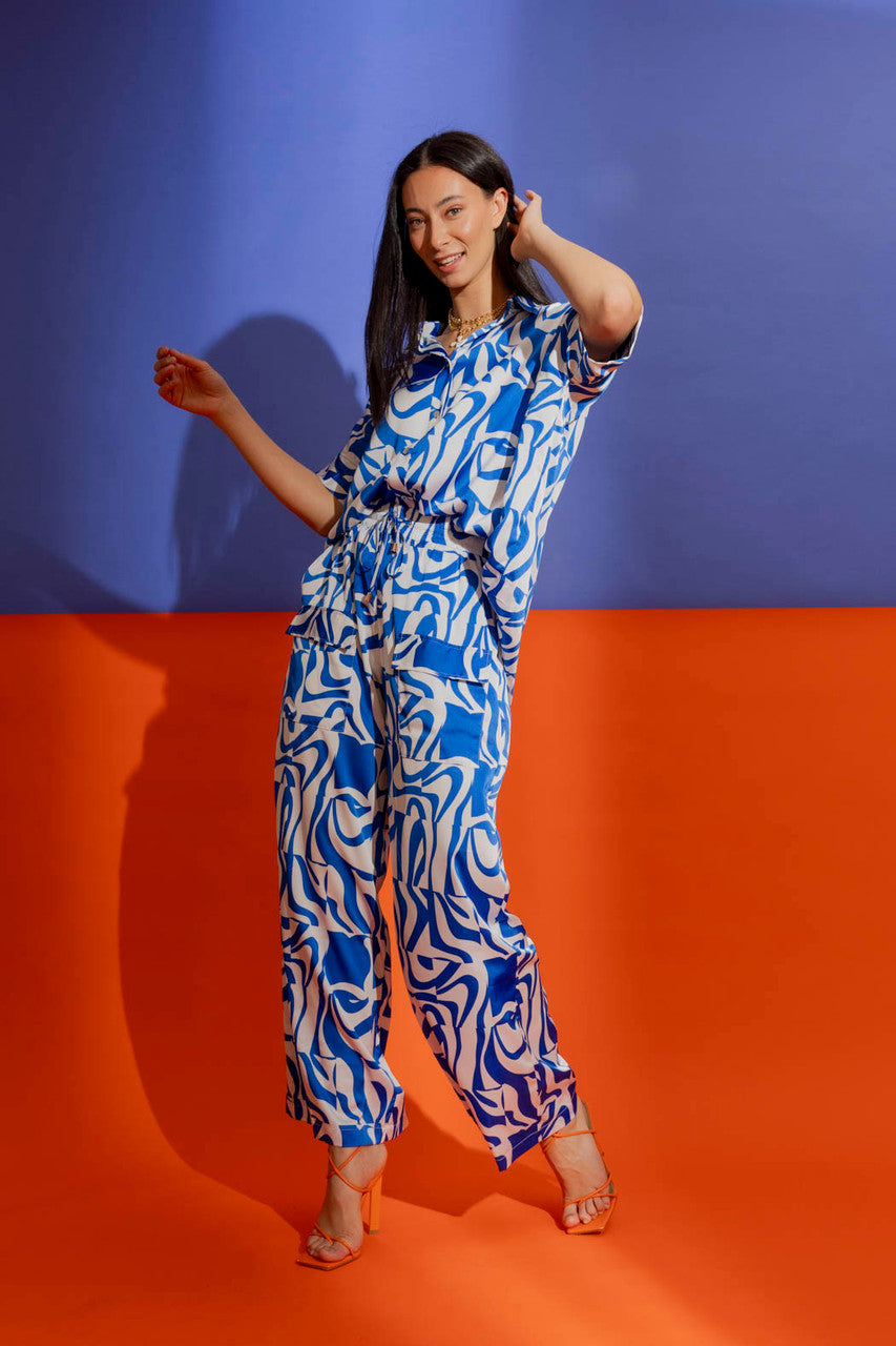 Blue/White Silky Cargo Culottes