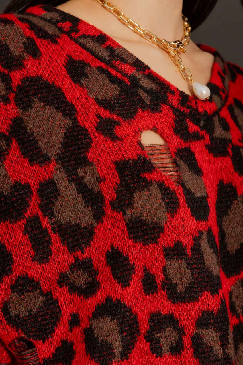 Red Distressed Leopard Knit Red S/M