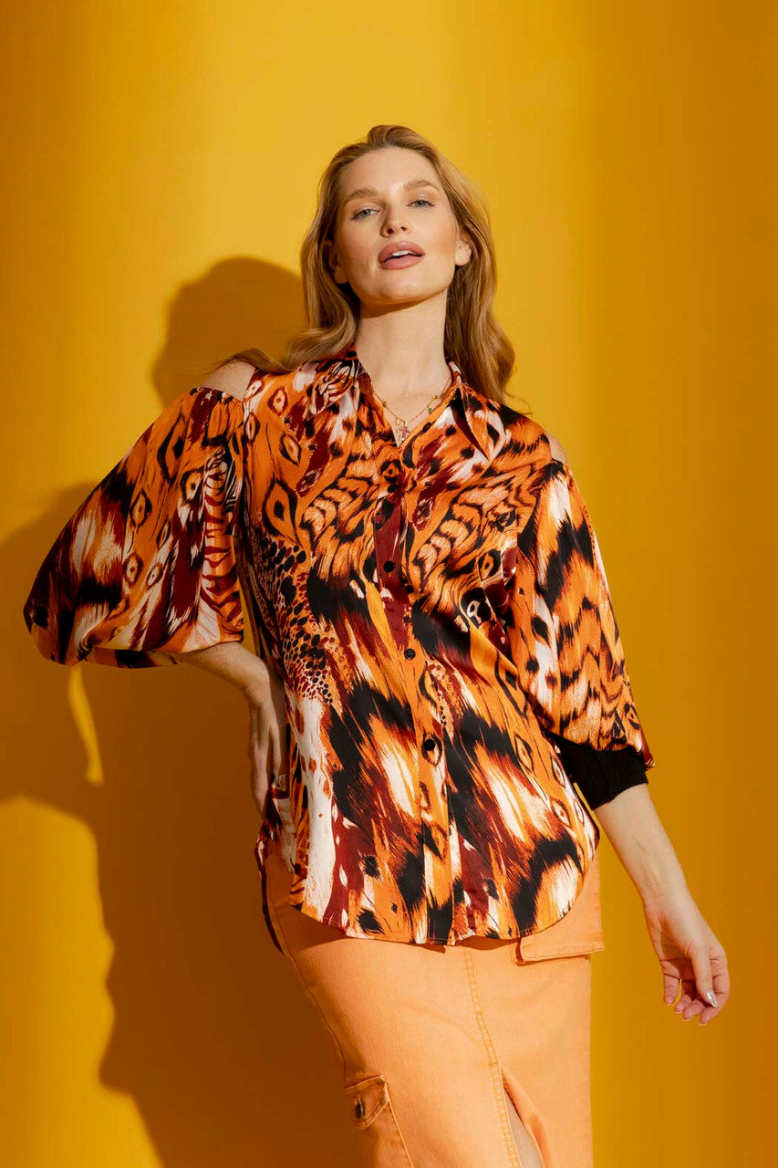 Orange Print Silky Keyhole Shirt