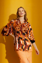 Orange Print Silky Keyhole Shirt