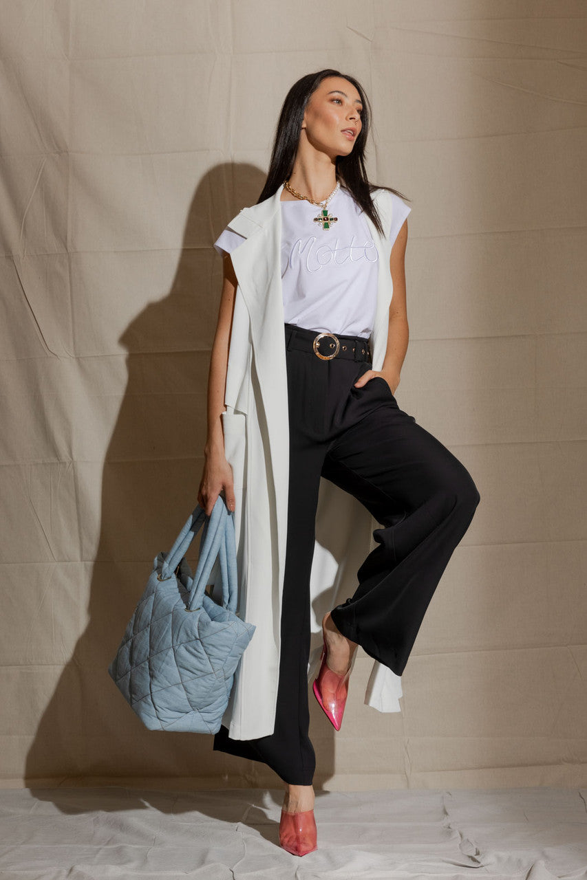 White Euro Longline Belted Vest