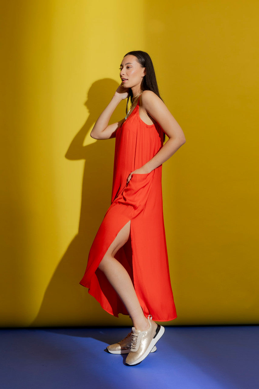 Red Strappy Pocket Dress