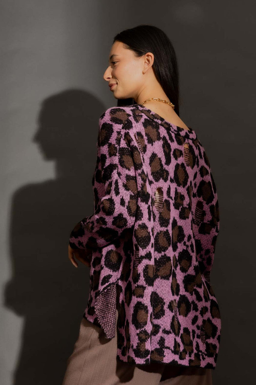 Pink Distressed Leopard Knit Pink S/M