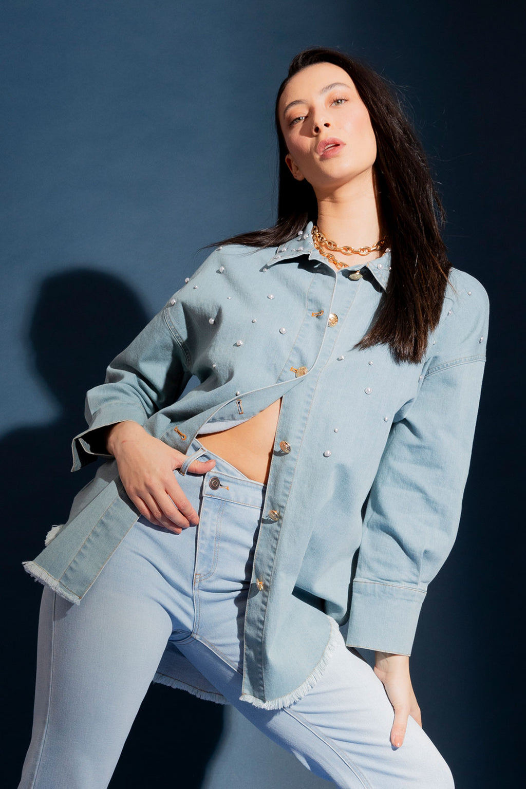 Light Denim Pearl Stud Jacket