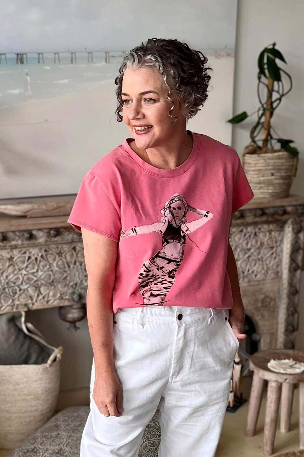 Pink Washed T-Shirt with Sequin Dancer Print