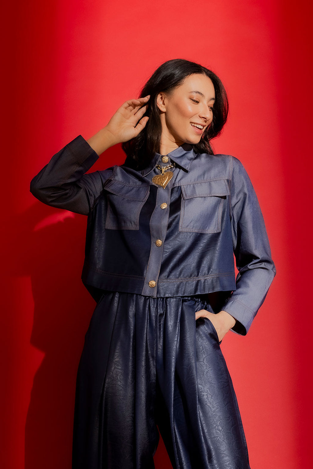 Navy Embossed Patchwork Jacket