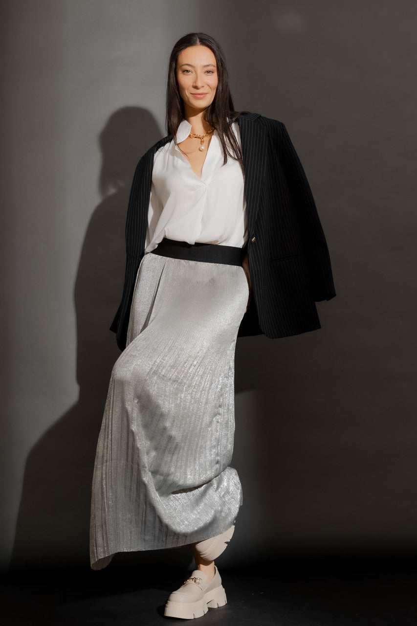 Silver Metallic Pleat Skirt Silver S