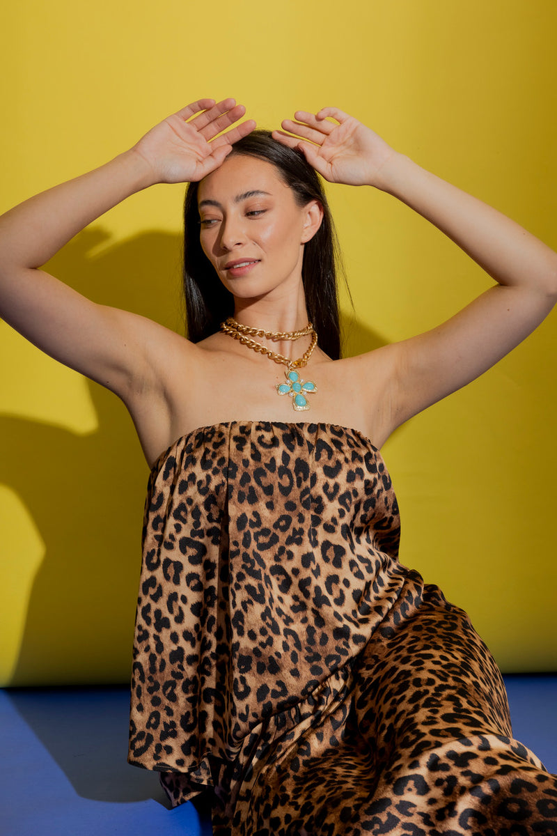 Tan Animnal Silky Strapless Top Tan Animal