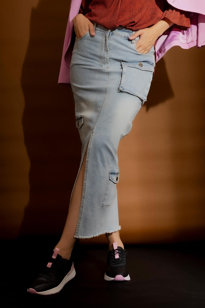 Light Denim Cargo Split Skirt