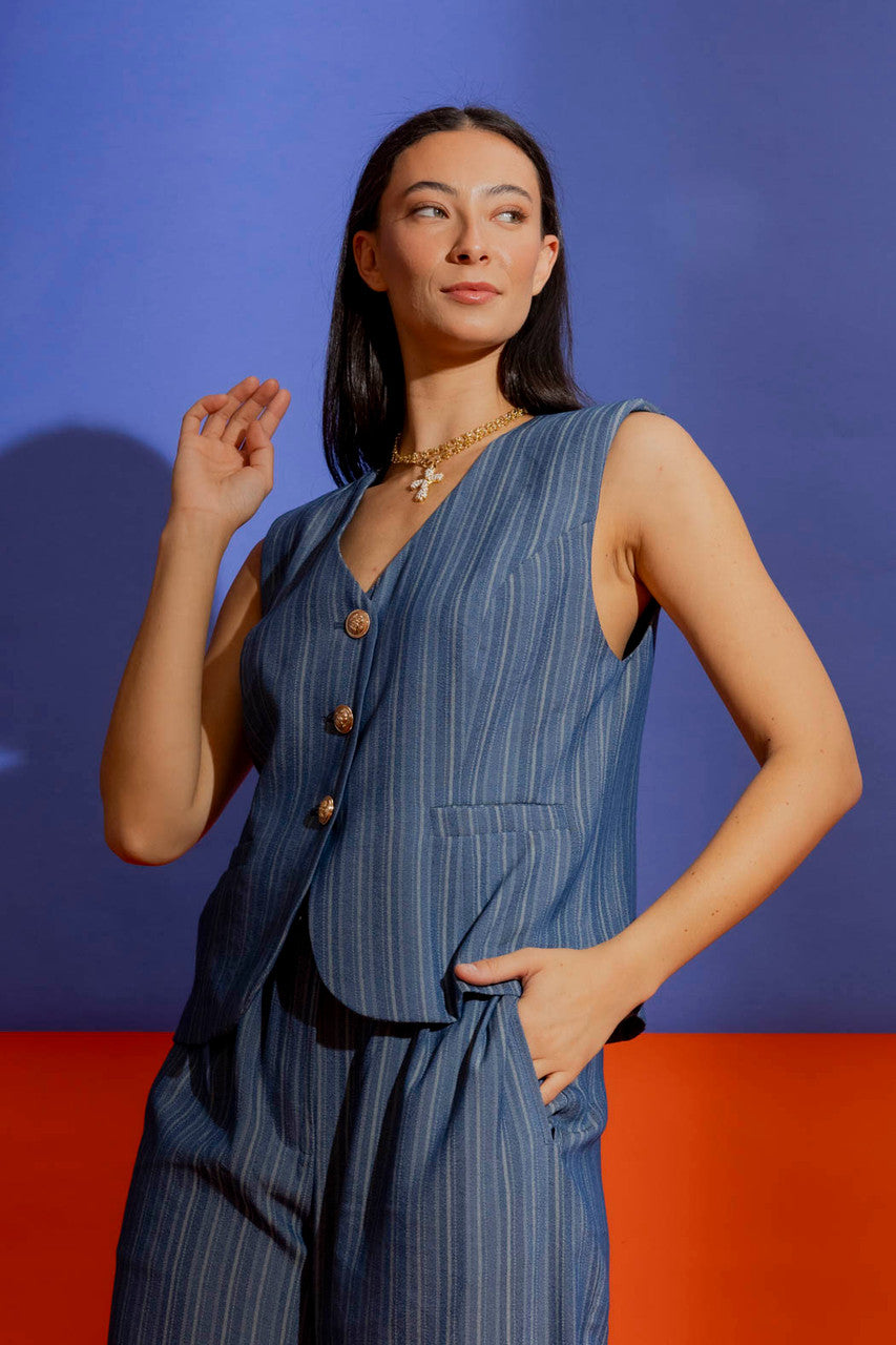 Denim Self Stripe Vest