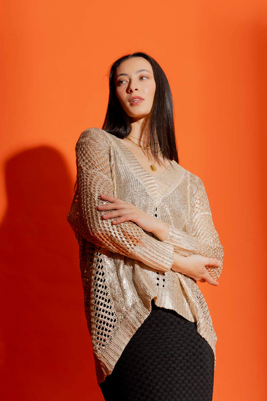 Oatmeal Foil Crochet V Neck Jumper
