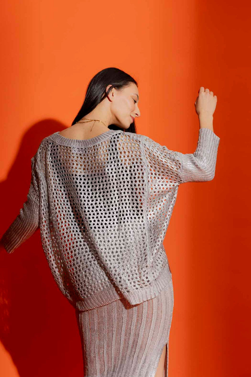 Silver Crochet Boxy Foil Jumper