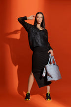 Black Crochet Foil V Neck Jumper