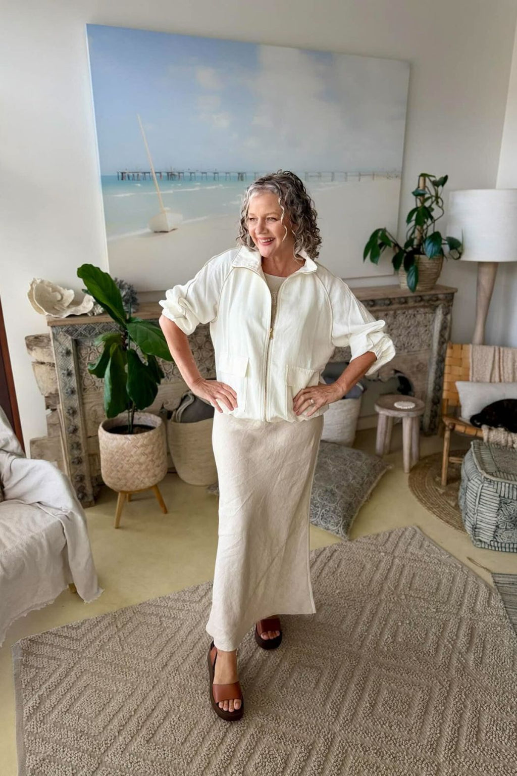 White Washed Linen Bomber Jacket