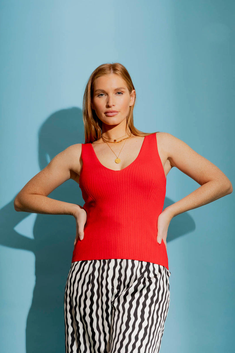 Red Ribbed V Neck Cami