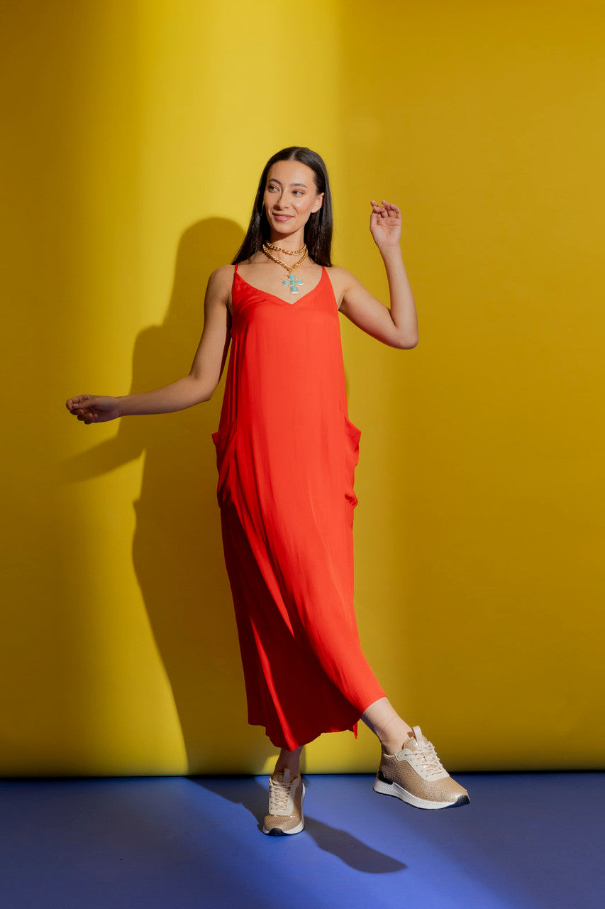 Red Strappy Pocket Dress