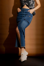 Mid Denim Cargo Split Skirt Mid Denim