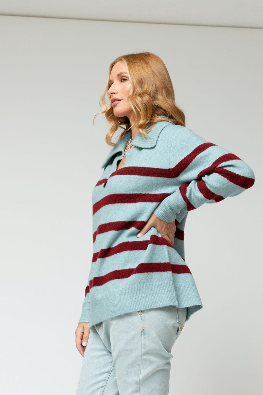 Blue Burgundy Chunky Stripe Knit Jumper - Sale