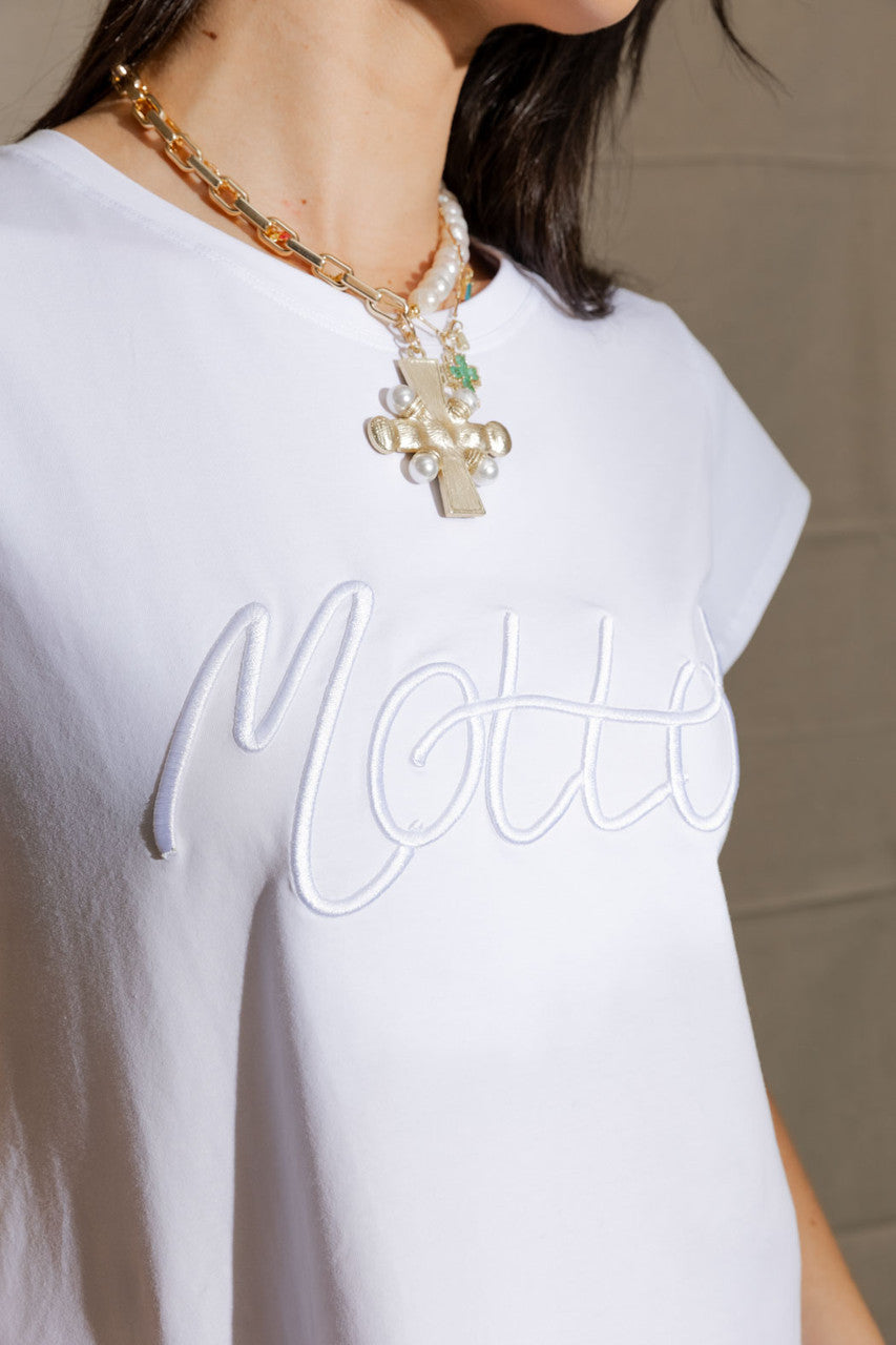 White Motto Embroidered T Shirt