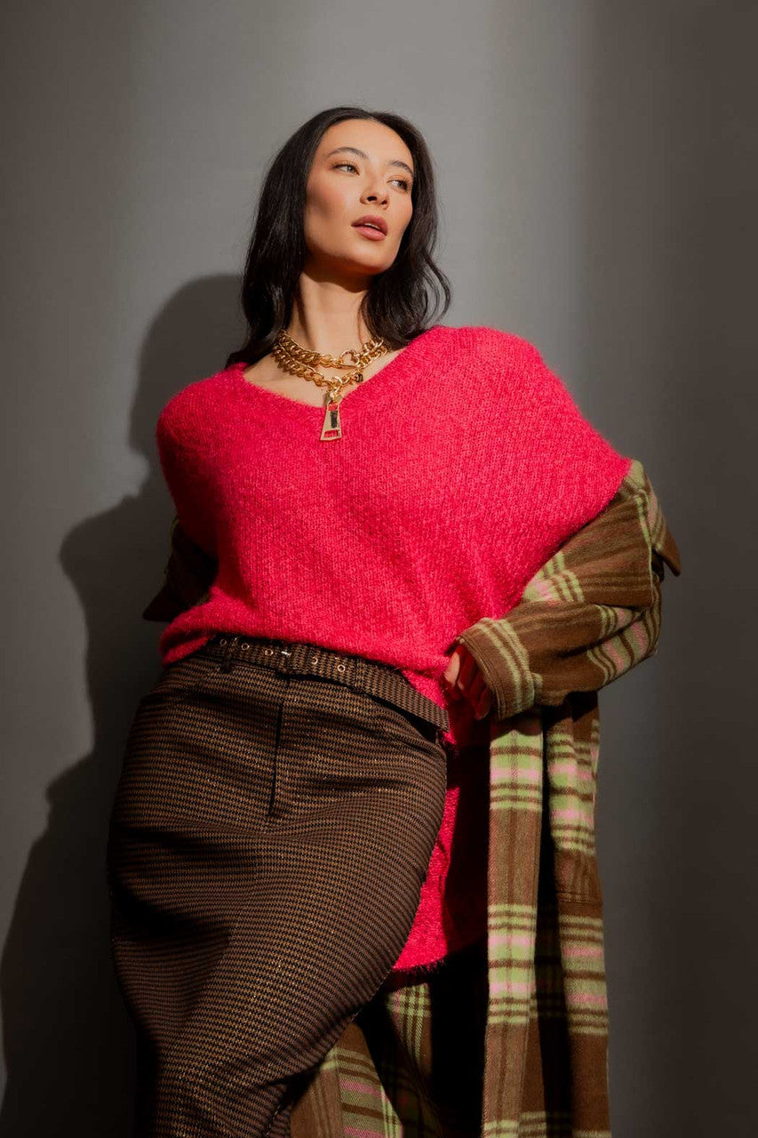 Raspberry Fluffy V Neck Jumper