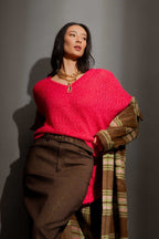 Raspberry Fluffy V Neck Jumper