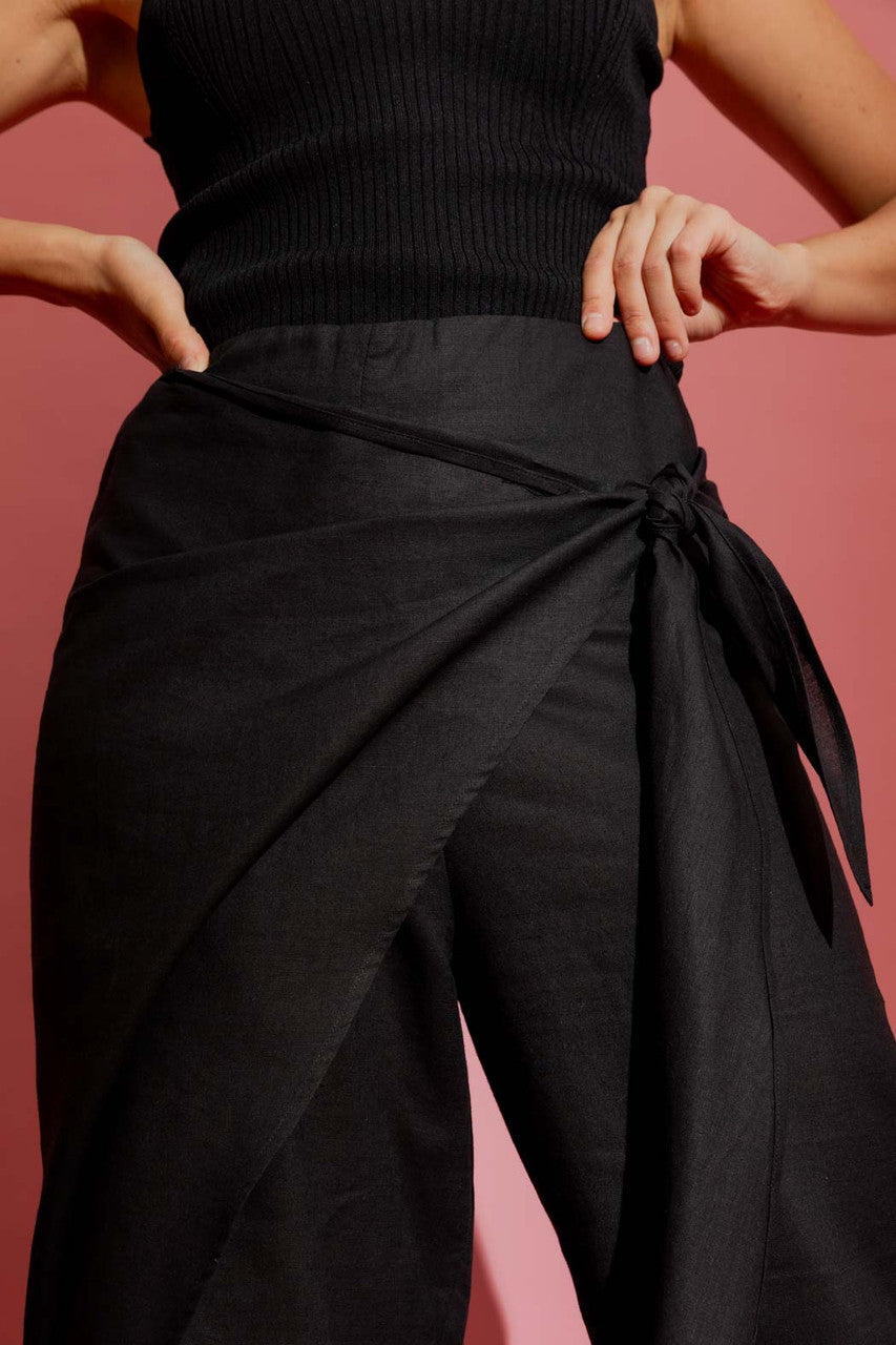 Black Linen Sarong Tie Pant