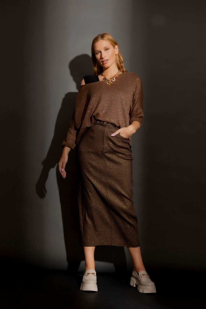 Mocha Lurex Knit Hi-Lo Top