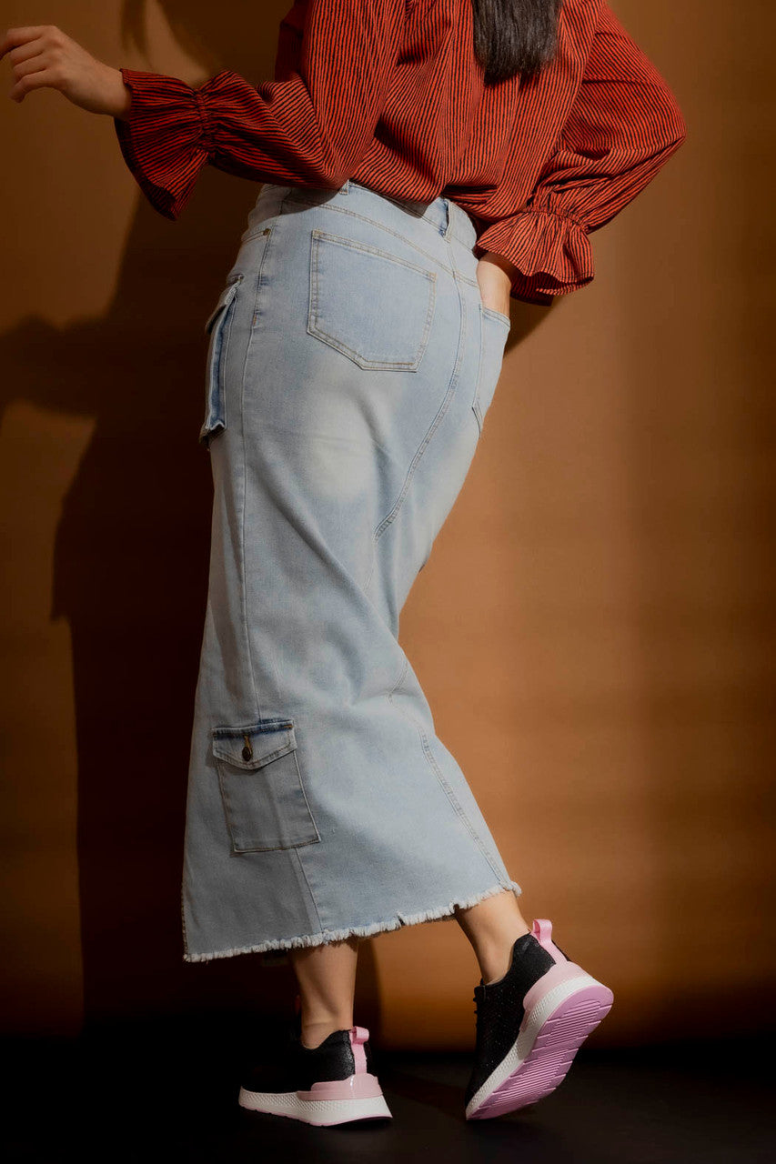 Light Denim Cargo Split Skirt