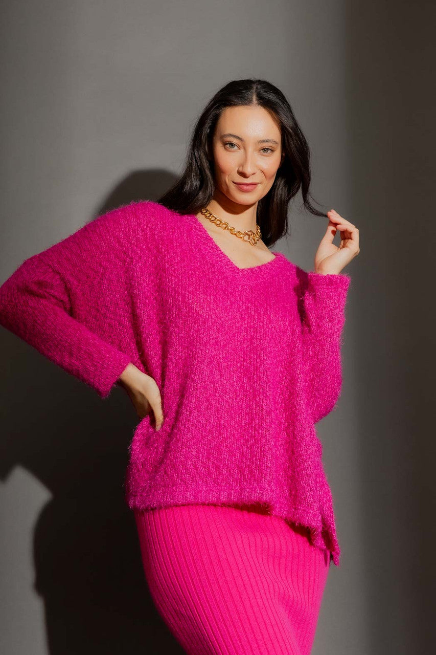 Pink Fluffy V Neck Jumper