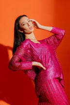 Pink Crochet Foil V Neck Jumper