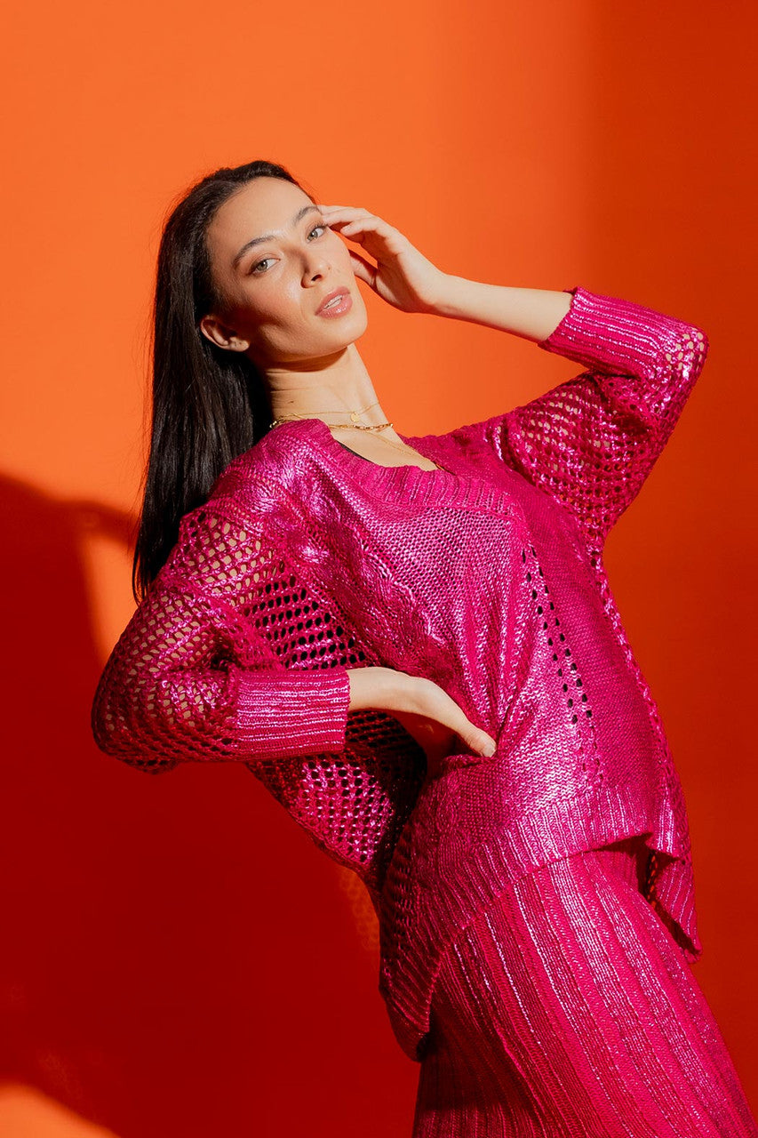 Pink Crochet Foil V Neck Jumper