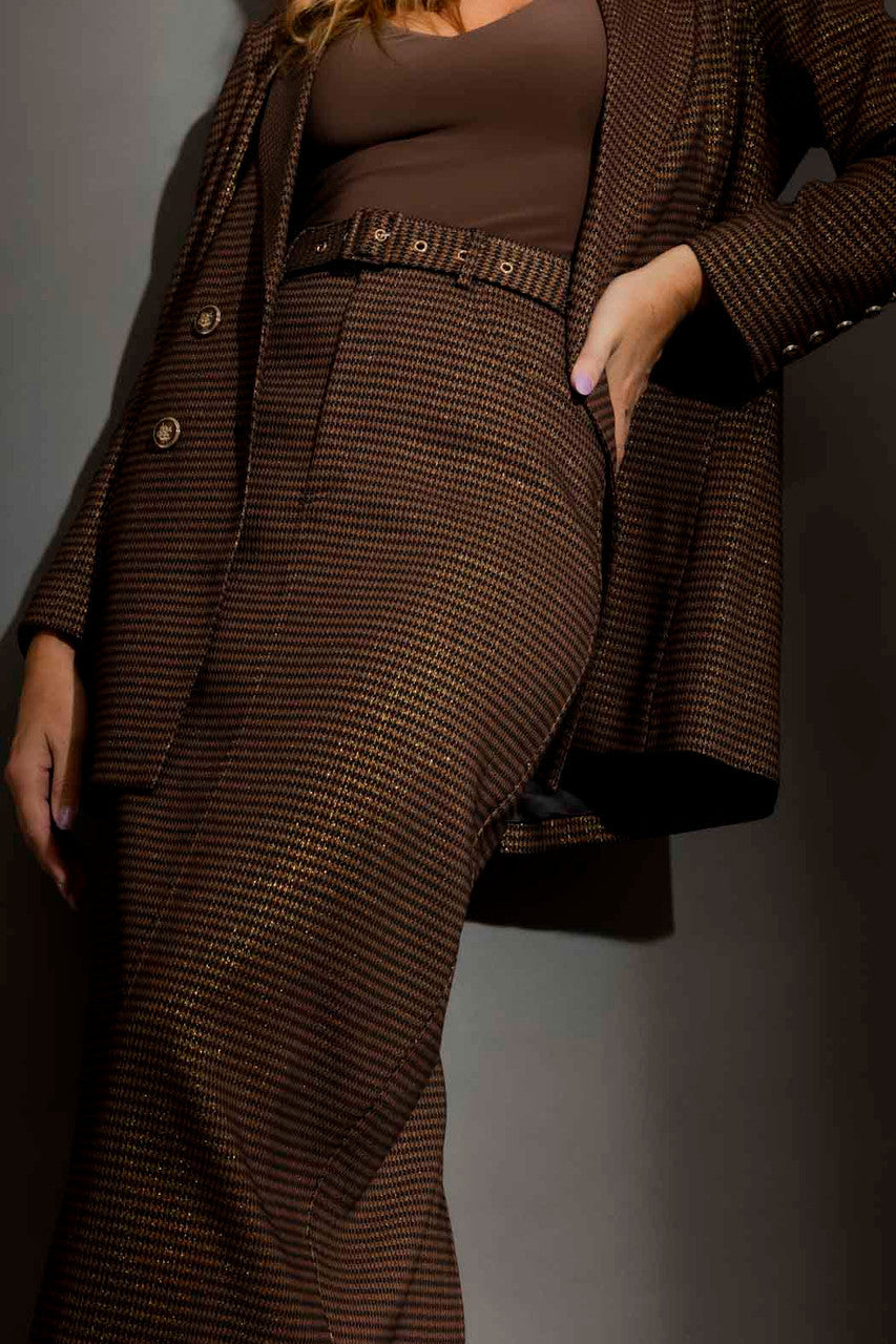 Chocolate Lurex Belted Midi Skirt