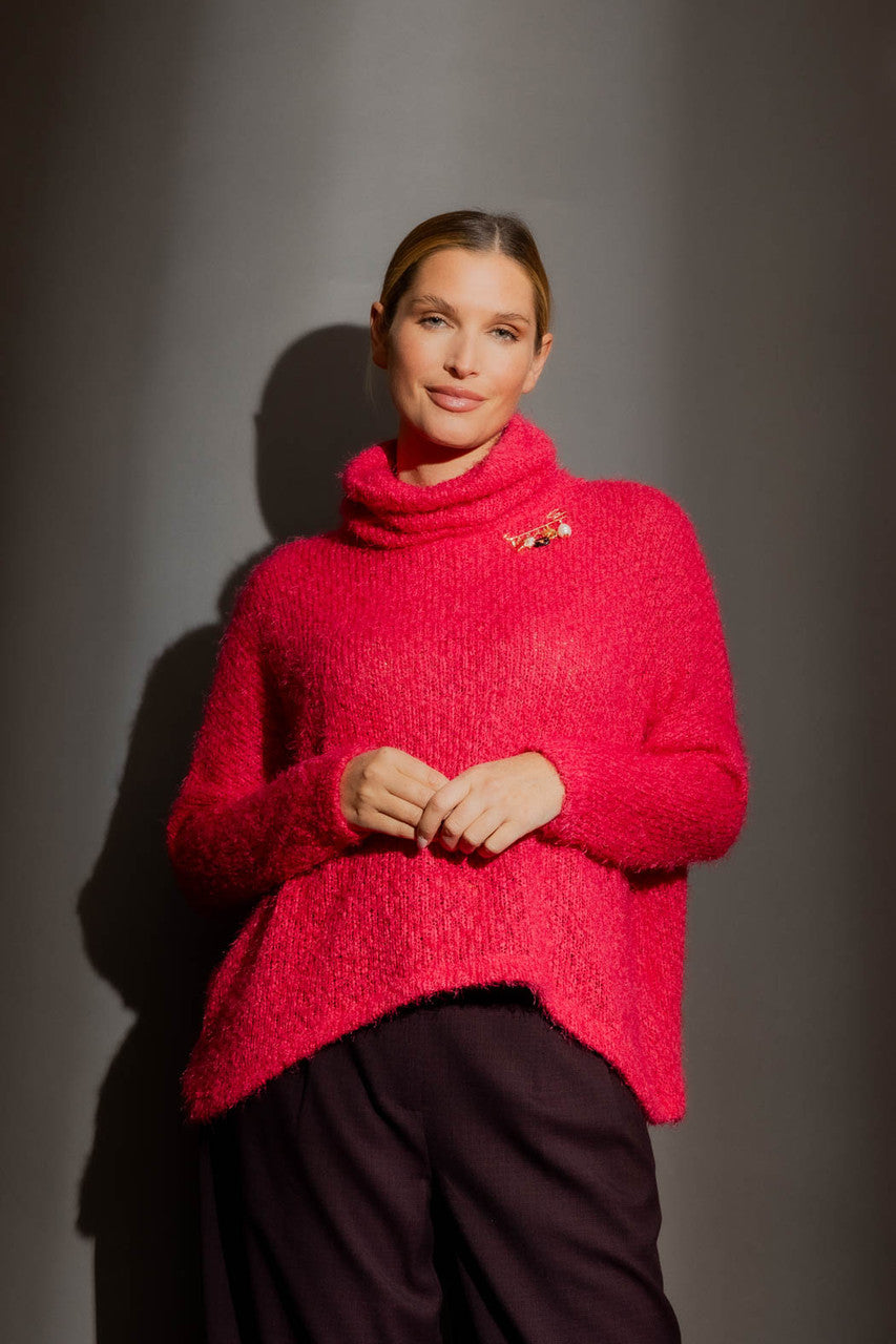 Raspberry Fluffy Roll Neck Jumper