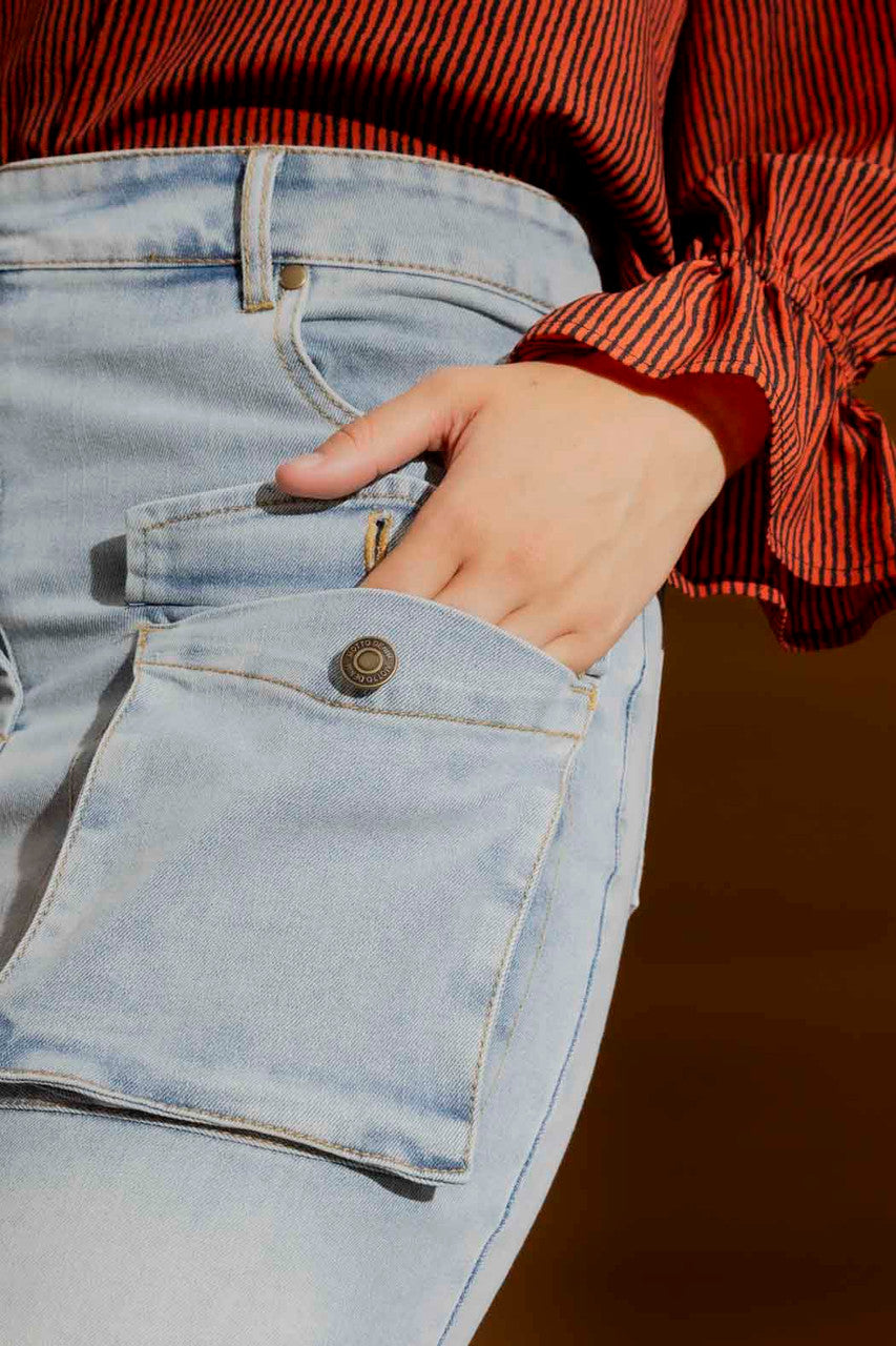 Light Denim Cargo Split Skirt