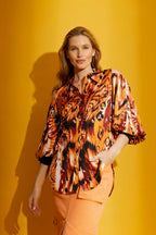 Orange Print Silky Keyhole Shirt