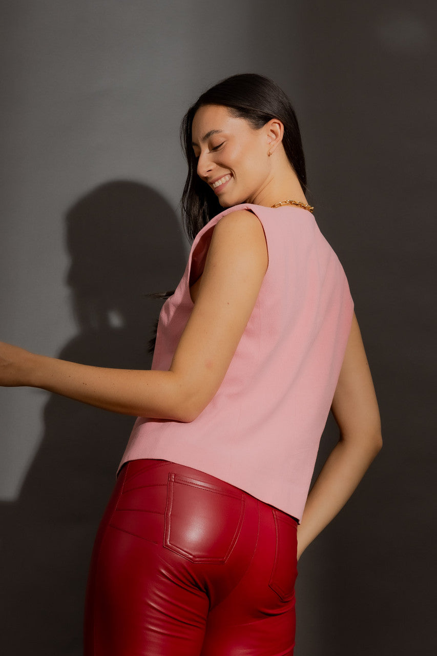 Pink Sandwashed Linen Tailored Vest