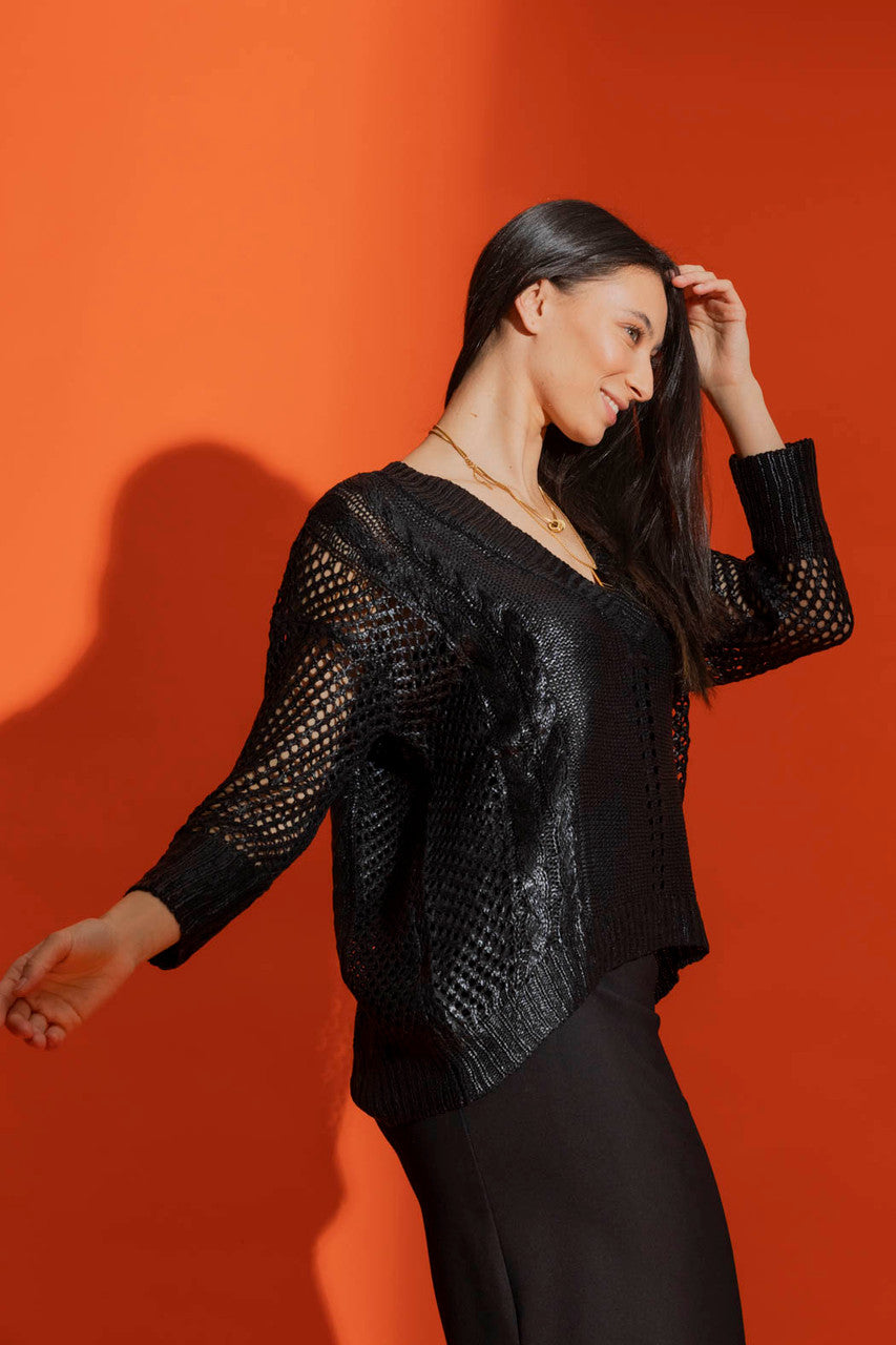 Black Crochet Foil V Neck Jumper