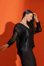 Black Crochet Foil V Neck Jumper