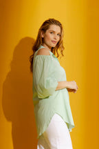 Green Gingham Cold Shoulder Shirt