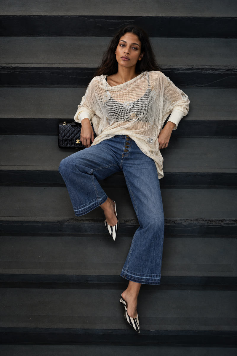 Mid Denim Button Front Crop Jean