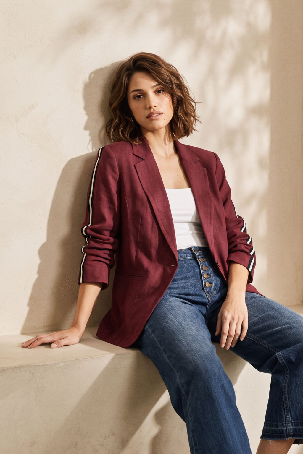 Burgundy Linen Stripe Boyfriend Blazer