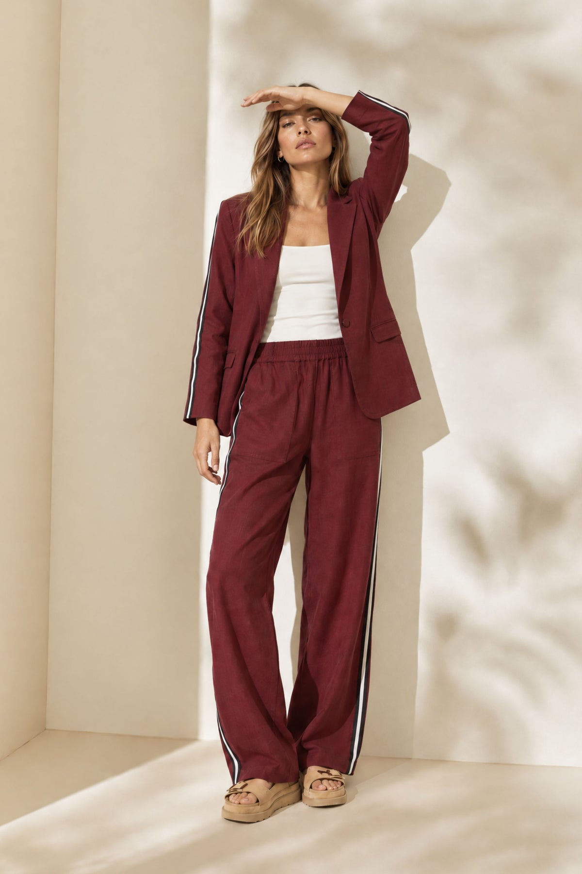 Burgundy Linen Stripe Pant