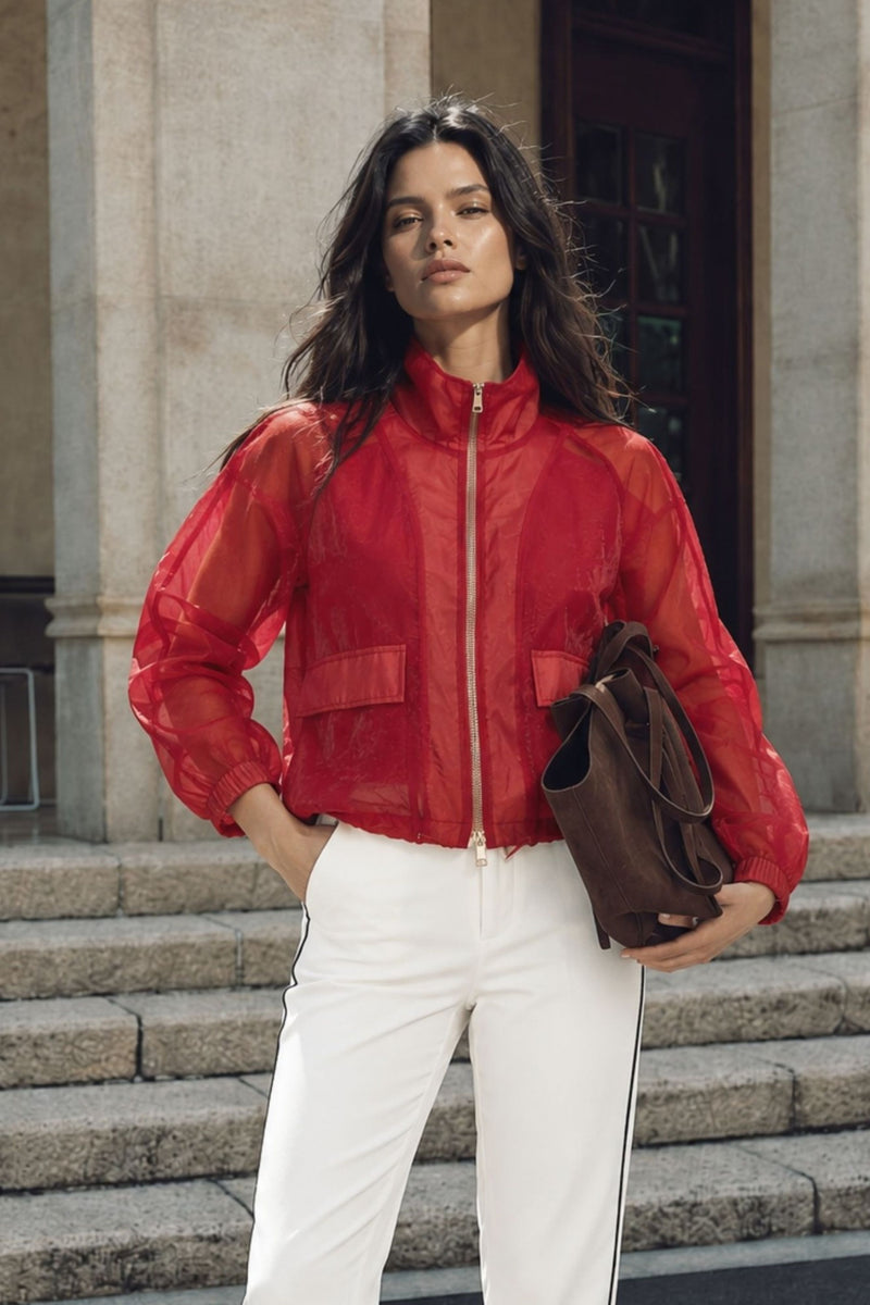 Red Organza Funnel Jacket