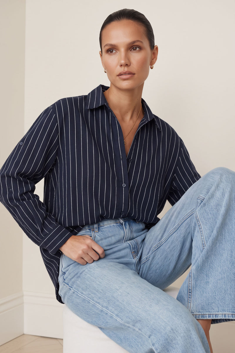 Navy Linen Boyfriend Shirt