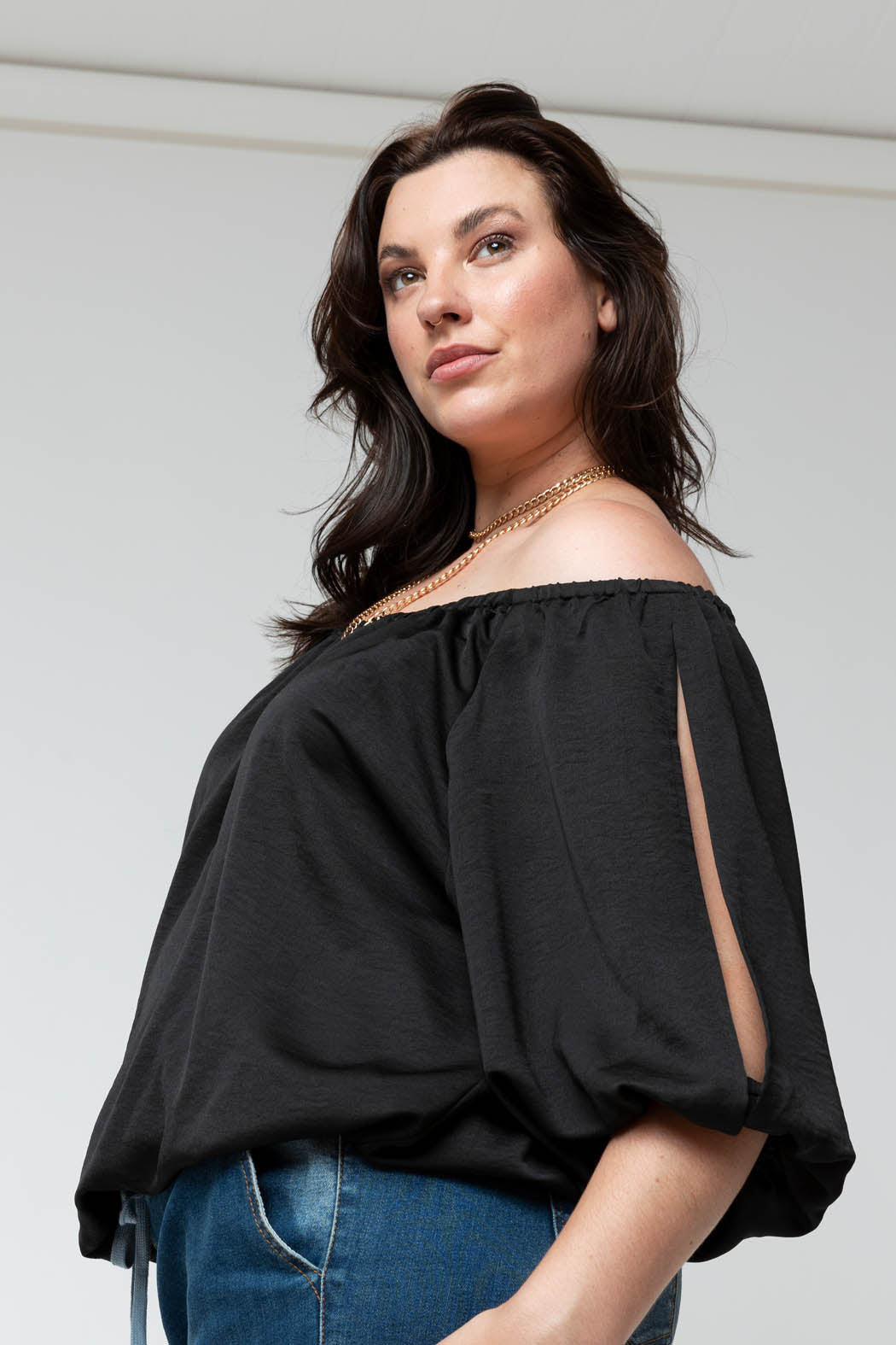 Black Silky Balloon Sleeve Top - Sale