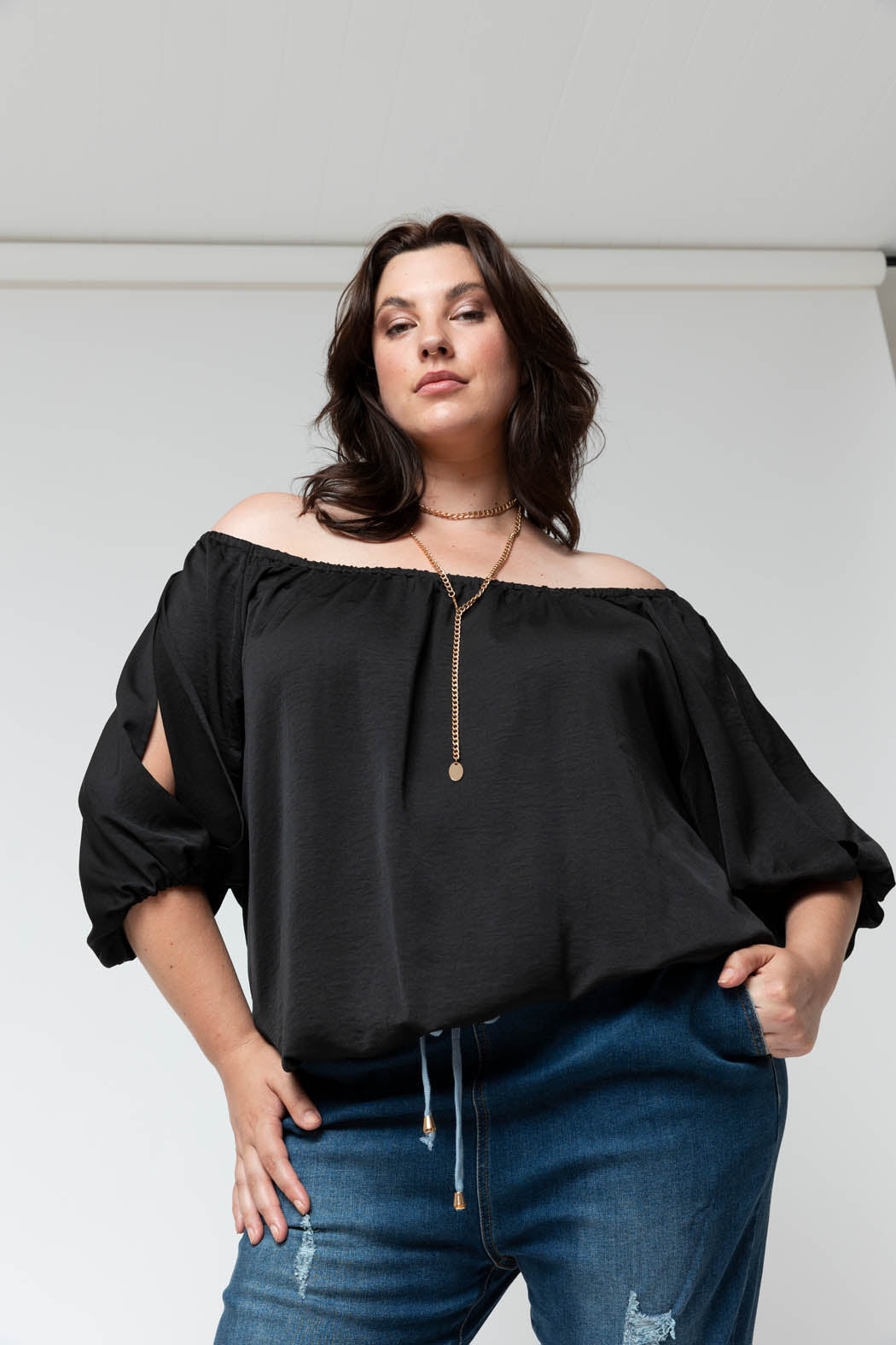 Black Silky Balloon Sleeve Top - Sale