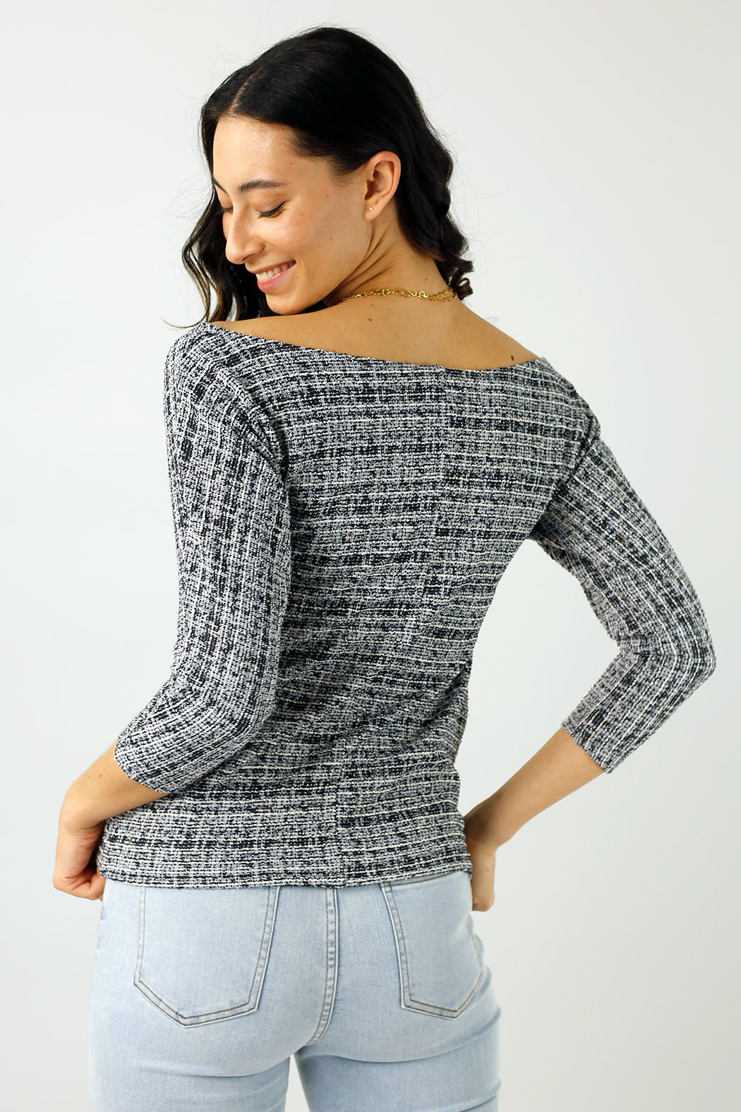 Navy Stretch Tweed Top - Final Sale