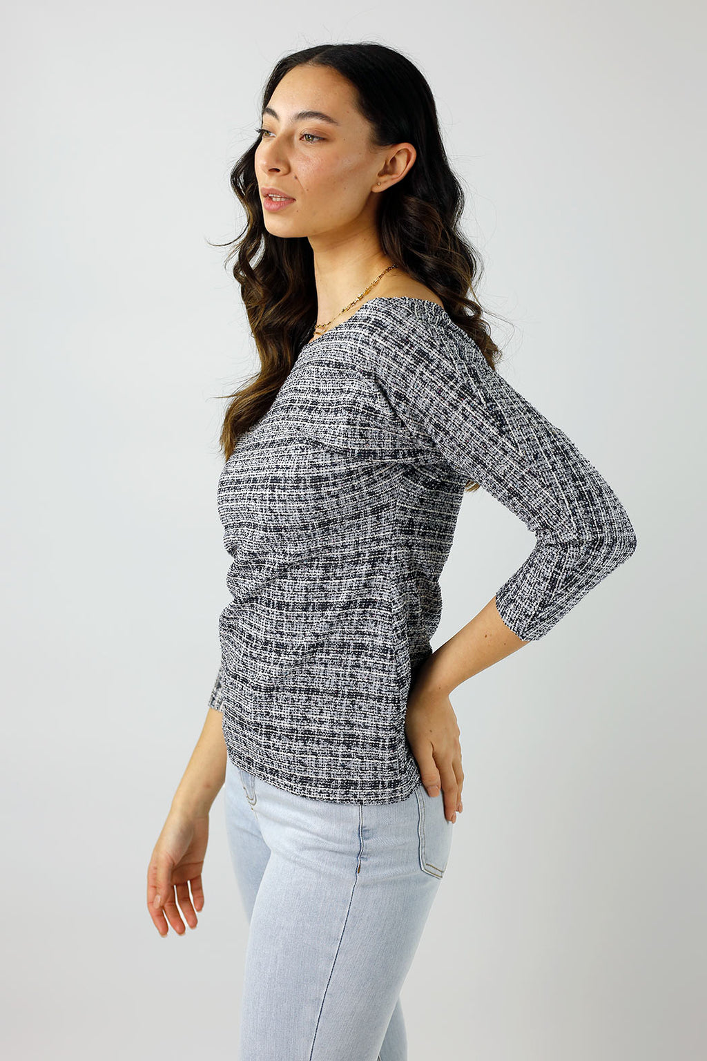 Navy Stretch Tweed Top - Final Sale