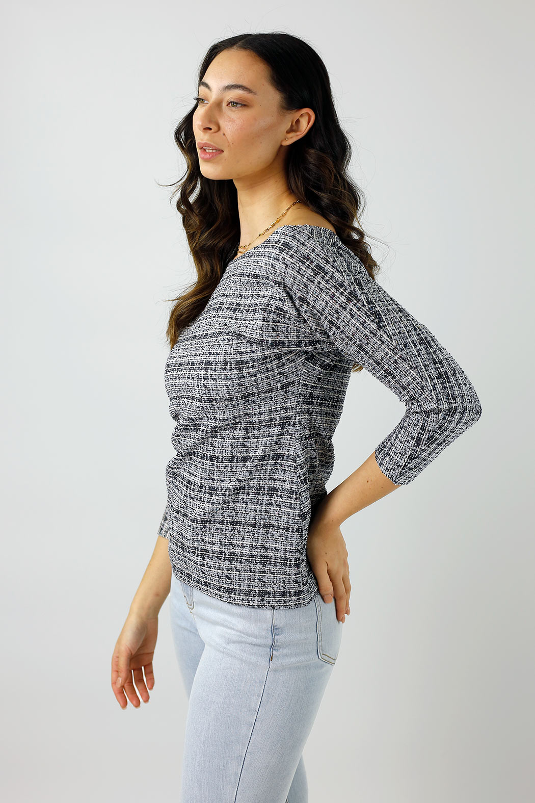 Navy Stretch Tweed Top - Final Sale